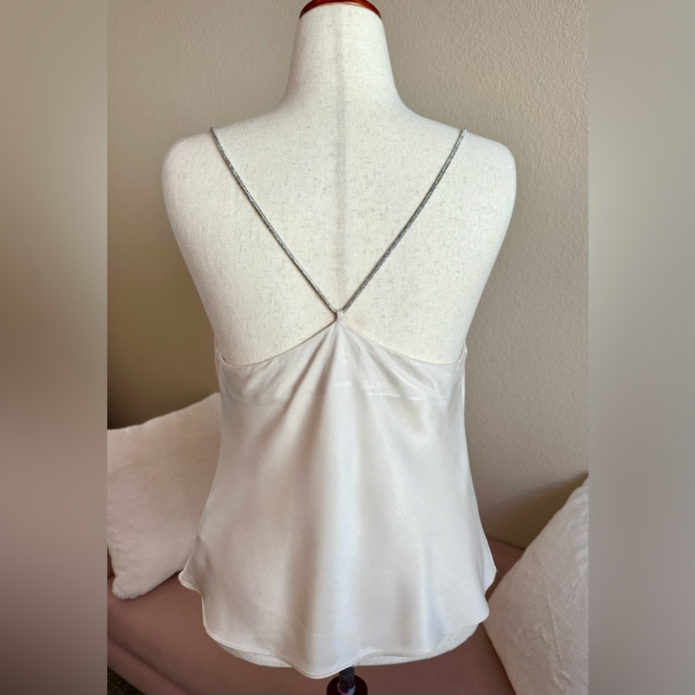 H&M Beige Satin Camisole Top Rhinestone Spaghetti Straps Women’s M Glam Sparkle